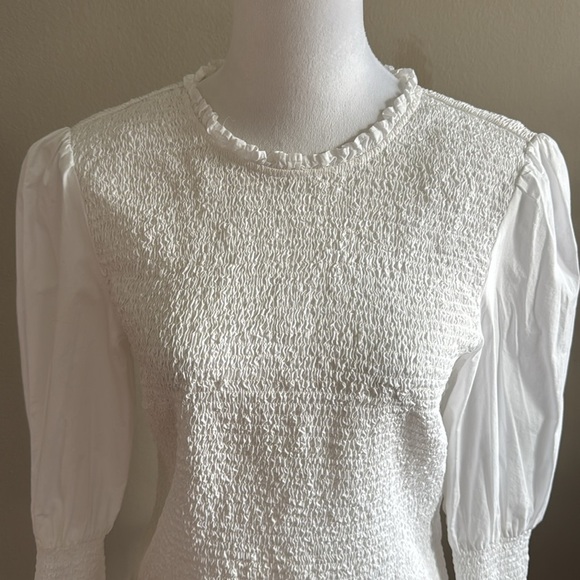 Veronica Beard Kali Smocked White Top Long Puff Sleeve Casual Blouse Size 10 - Picture 6 of 15